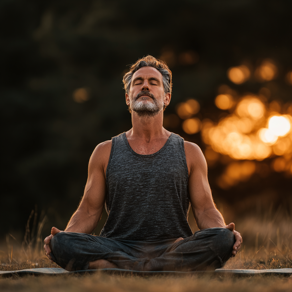 A calm man in his early 50s practicing yoga outdoors in nature, performing a gentle stretch pose on a yoga mat, surrounded by trees and soft morning light, wearing comfortable athletic wear