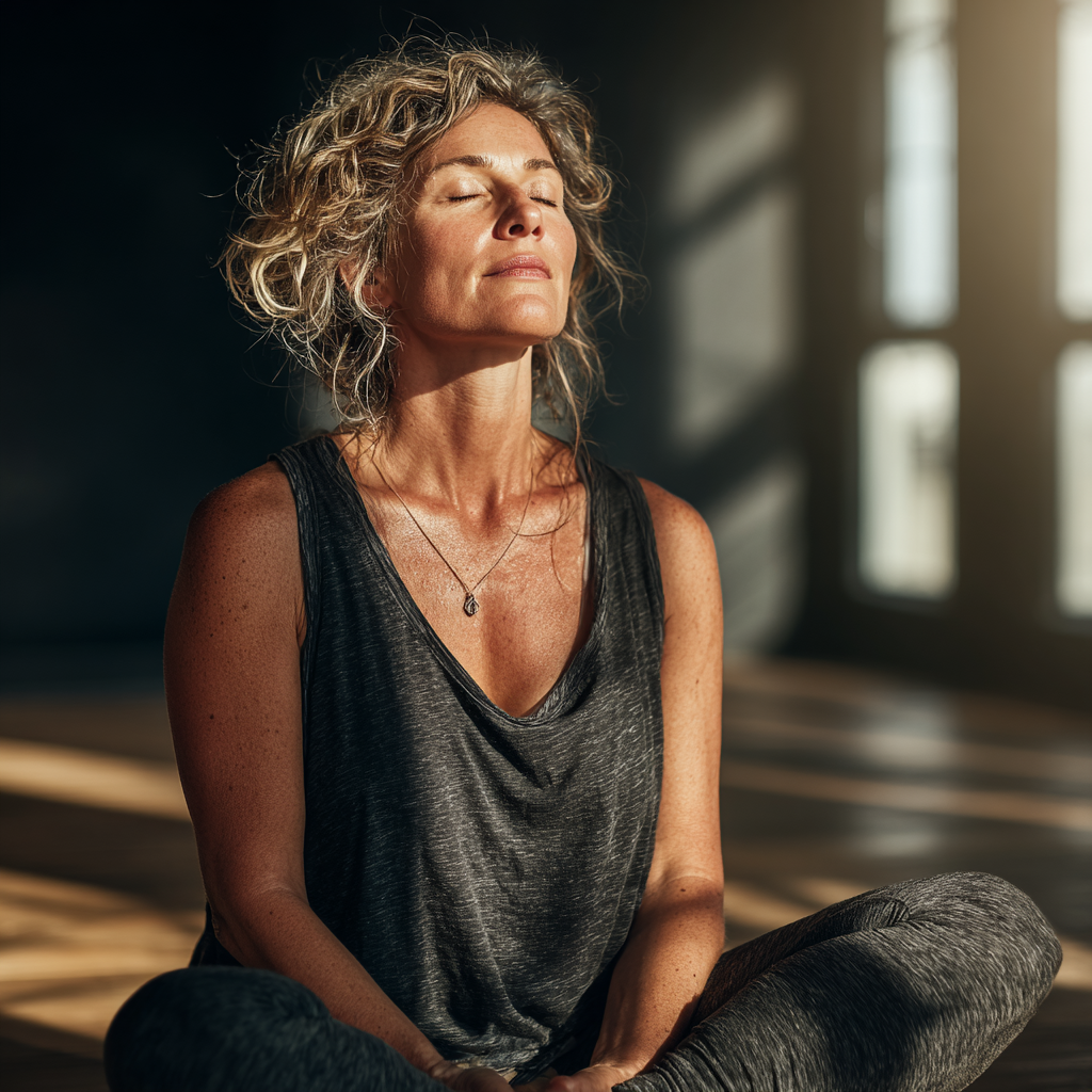 A serene woman in her late 40s practicing yoga in a peaceful studio, sitting in meditation pose with closed eyes, wearing comfortable yoga clothes, natural light streaming through windows